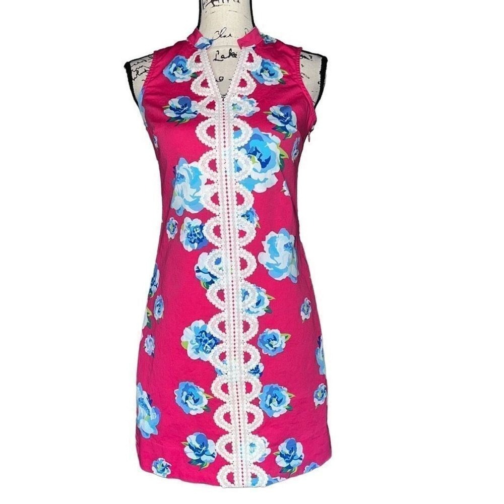 Mud Pie Pink Floral Sleeveless Shift Dress White Crochet Lace Trim XS